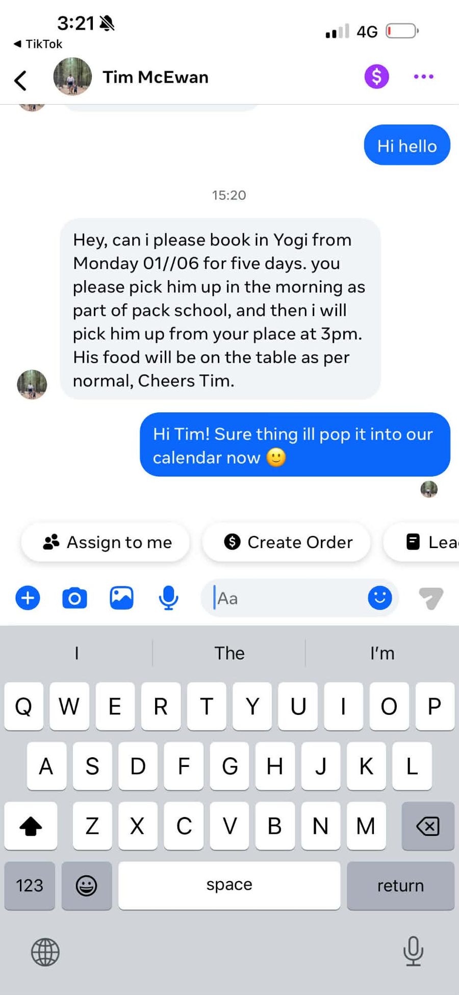 Messenger conversation: Tim asking to book Yogi for a homestay