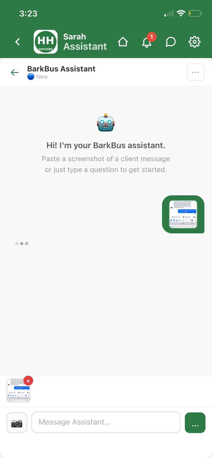 BarkBus assistant with the client screenshot attached, ready to send