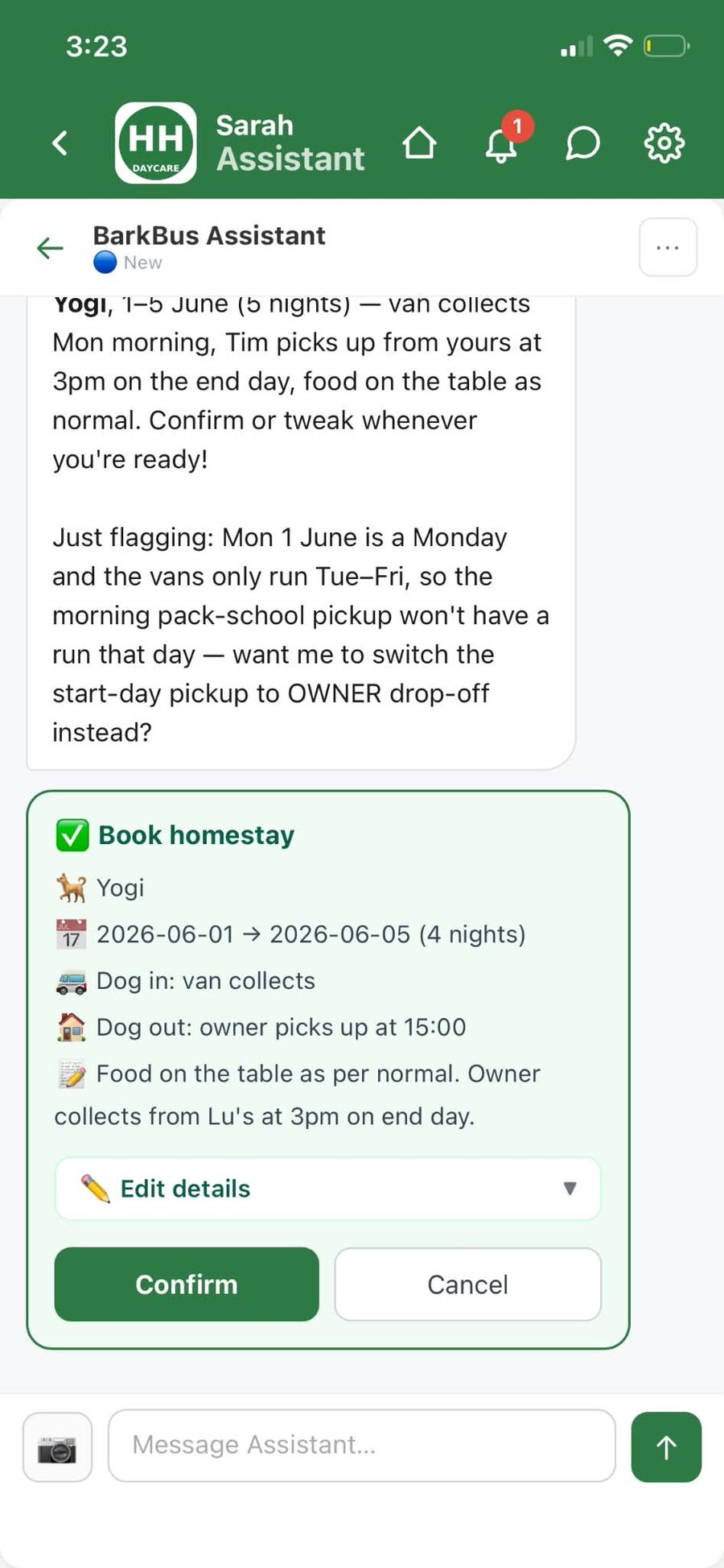 The AI assistant drafting a homestay booking as a Confirm card