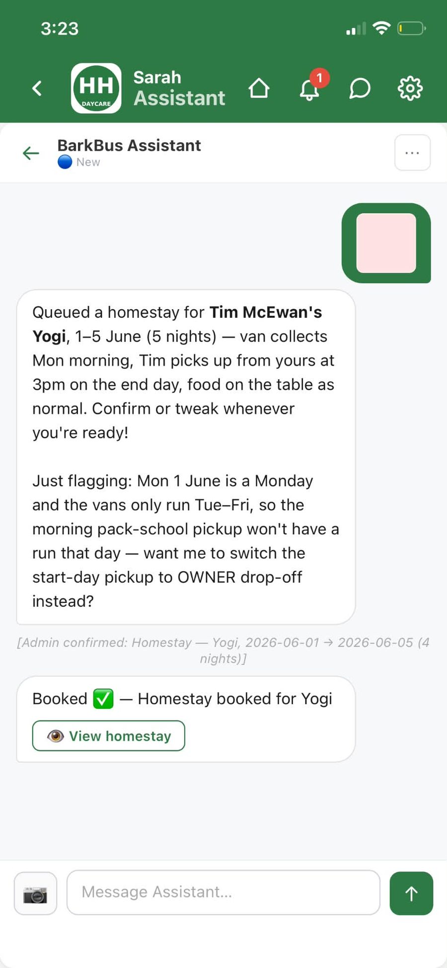 Homestay booked — the AI wrote it to the schedule