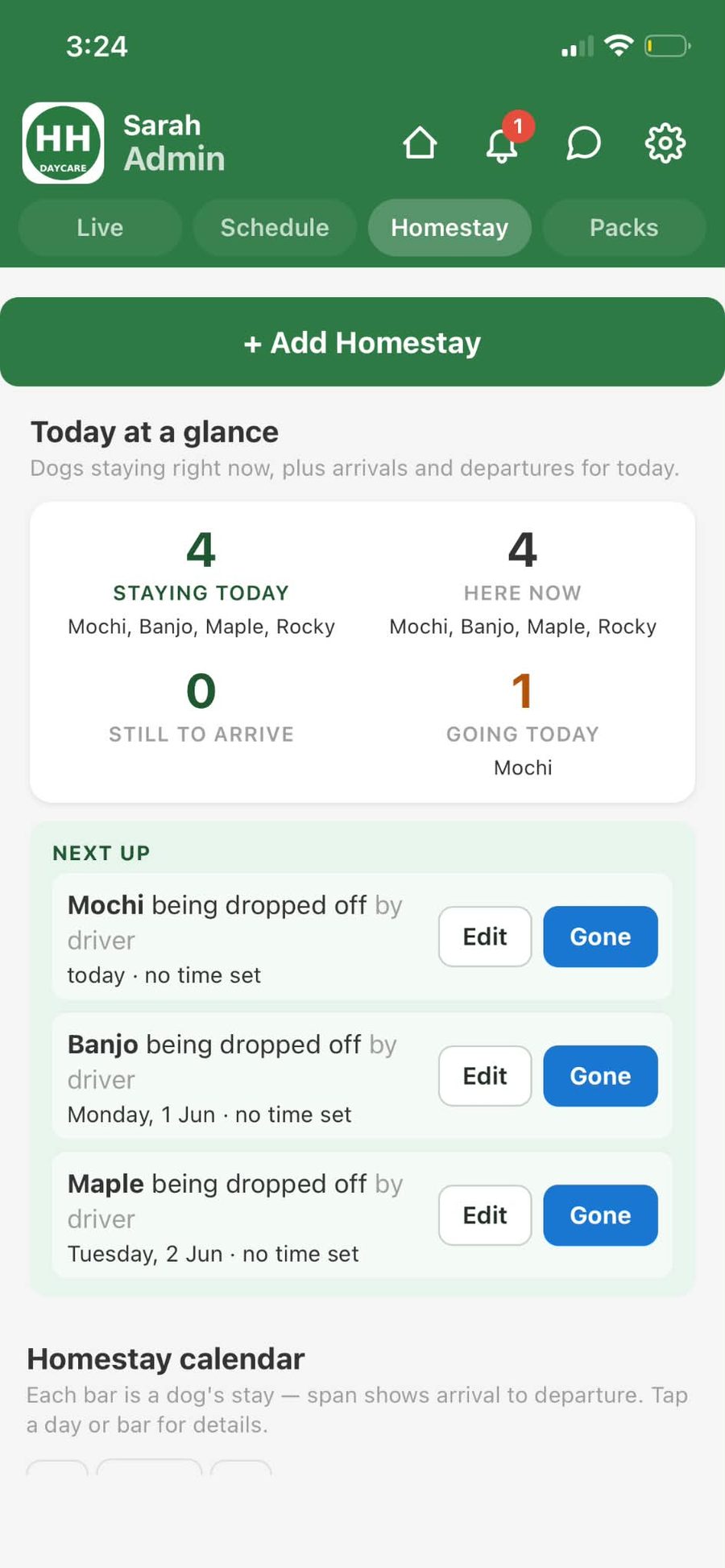 Homestay tab showing the new booking landed in today's glance