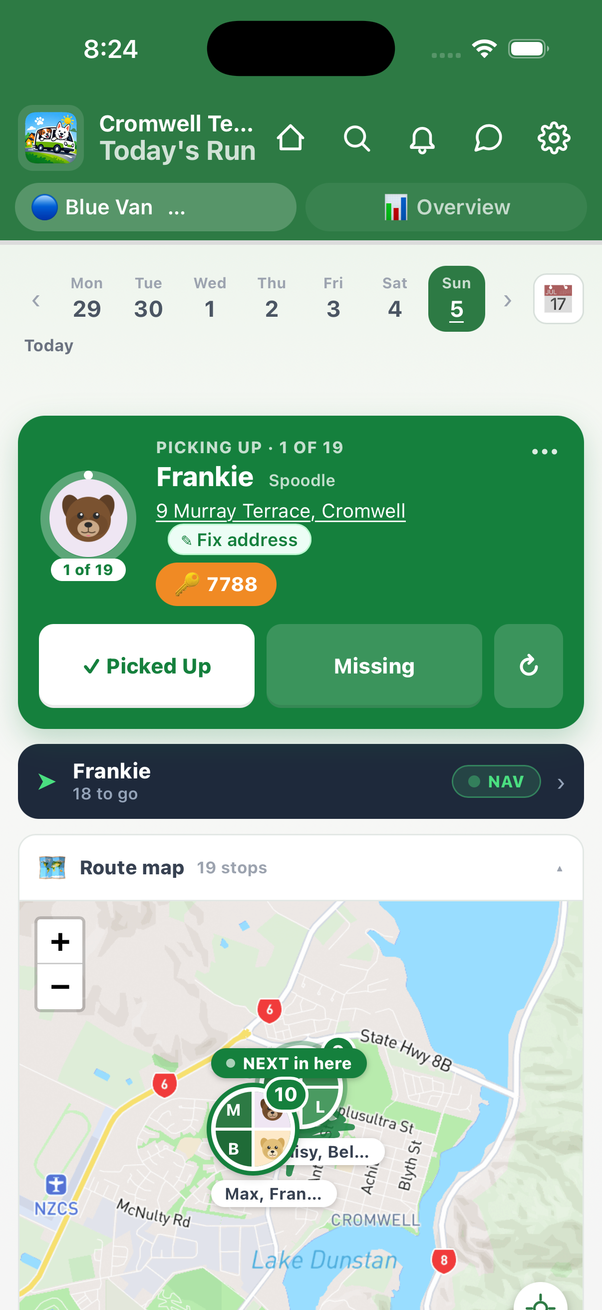 Cockpit hero card with progress ring, dog photo, address and gate code