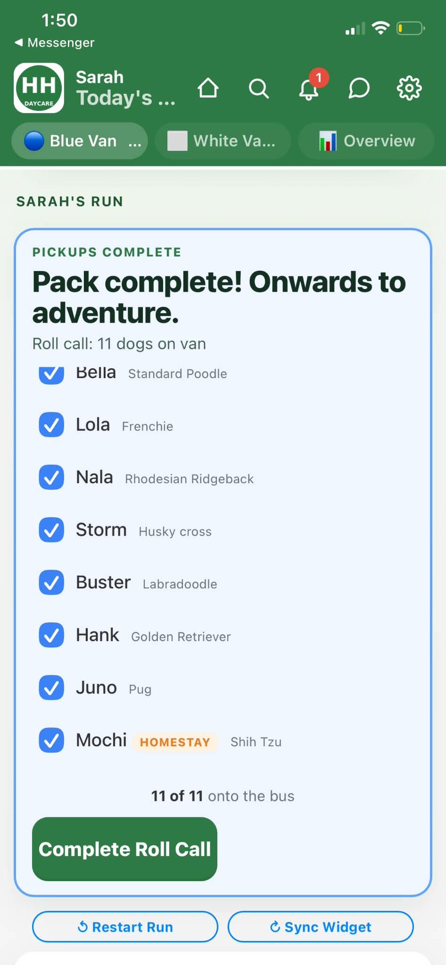 Roll Call checklist showing 11 of 11 dogs onto the bus, homestay dogs tagged