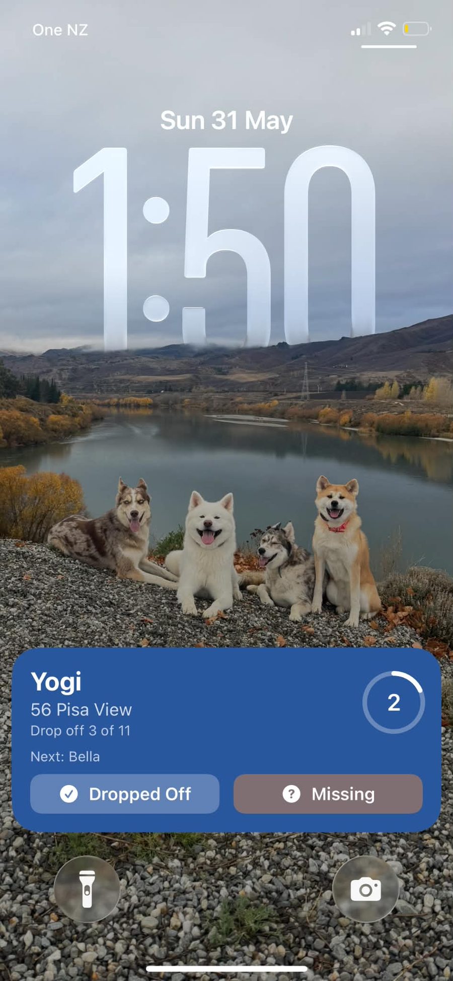 Lock-screen dropoff widget in blue: Yogi, drop off 3 of 11