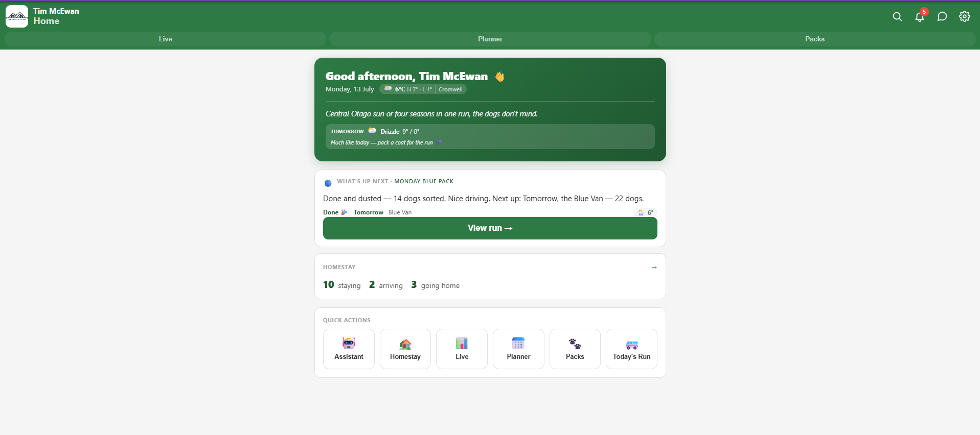 The BarkBus home screen — today's runs, what's next, homestays and quick actions on one dashboard