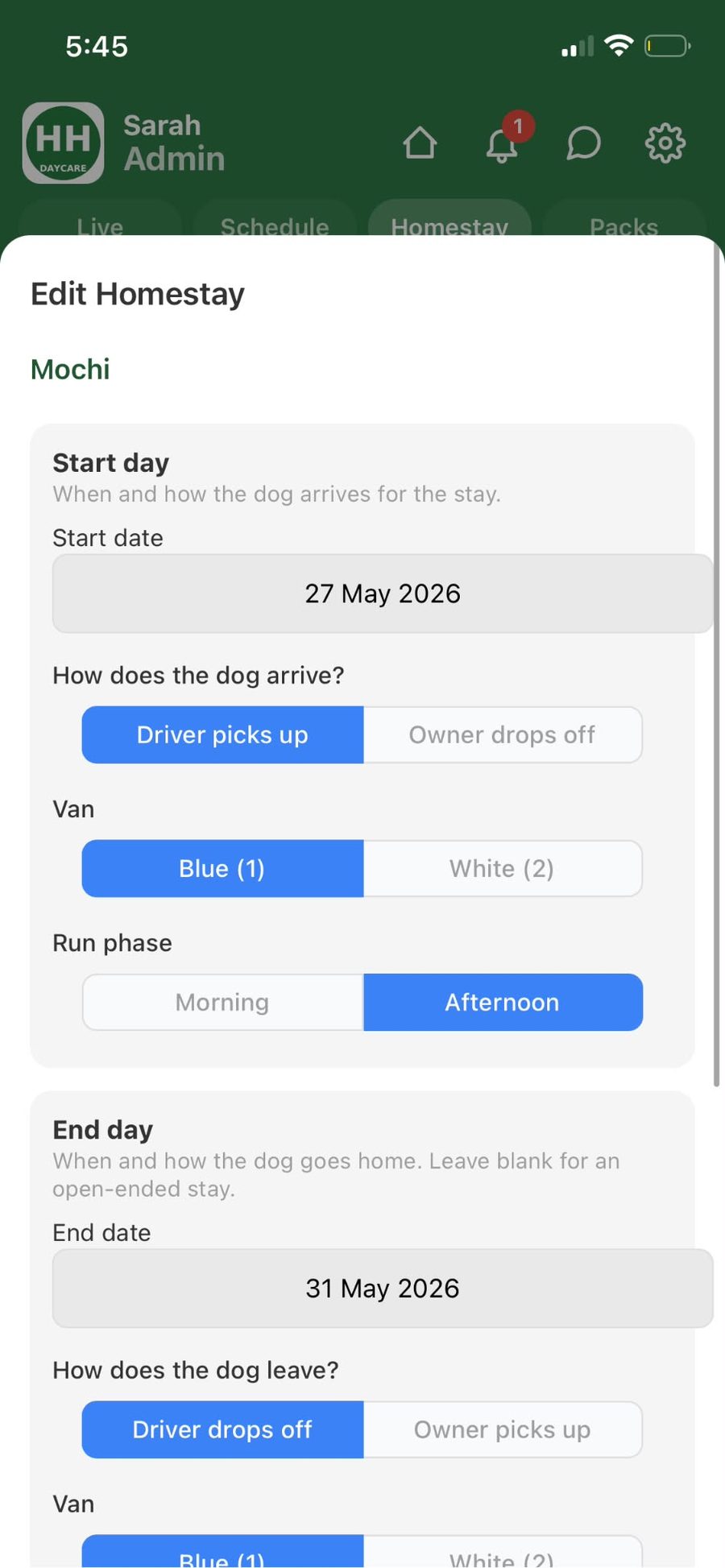 Homestay booking form with live price estimate