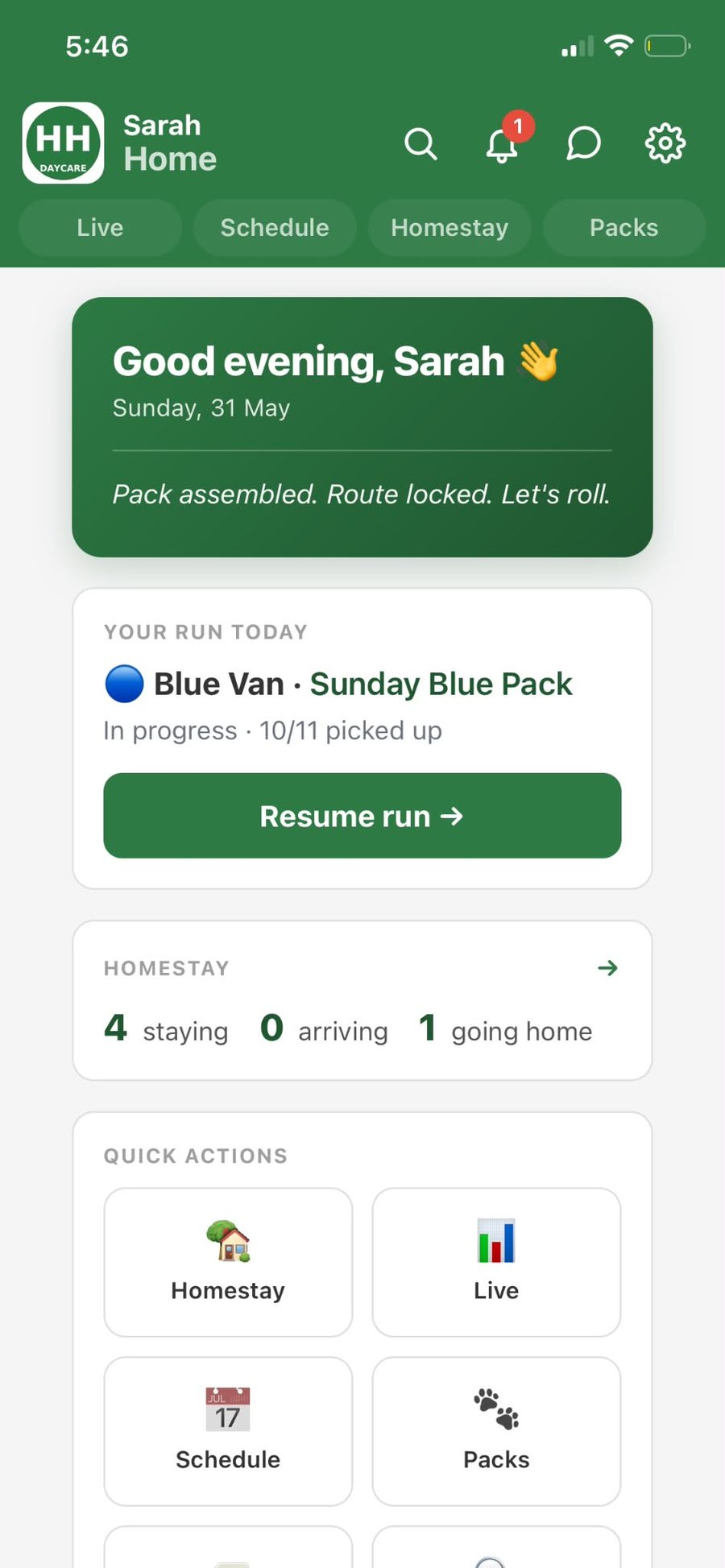 Home screen with Homestay tile showing staying / arriving / going home