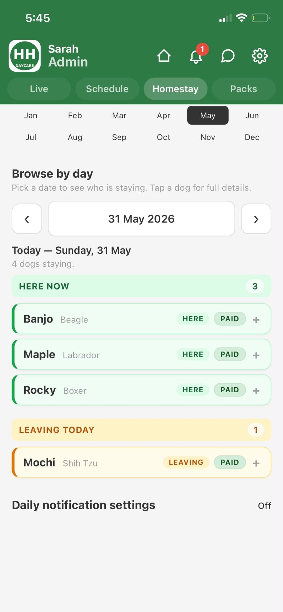 Browse-by-day homestay view: HERE NOW and LEAVING TODAY groups