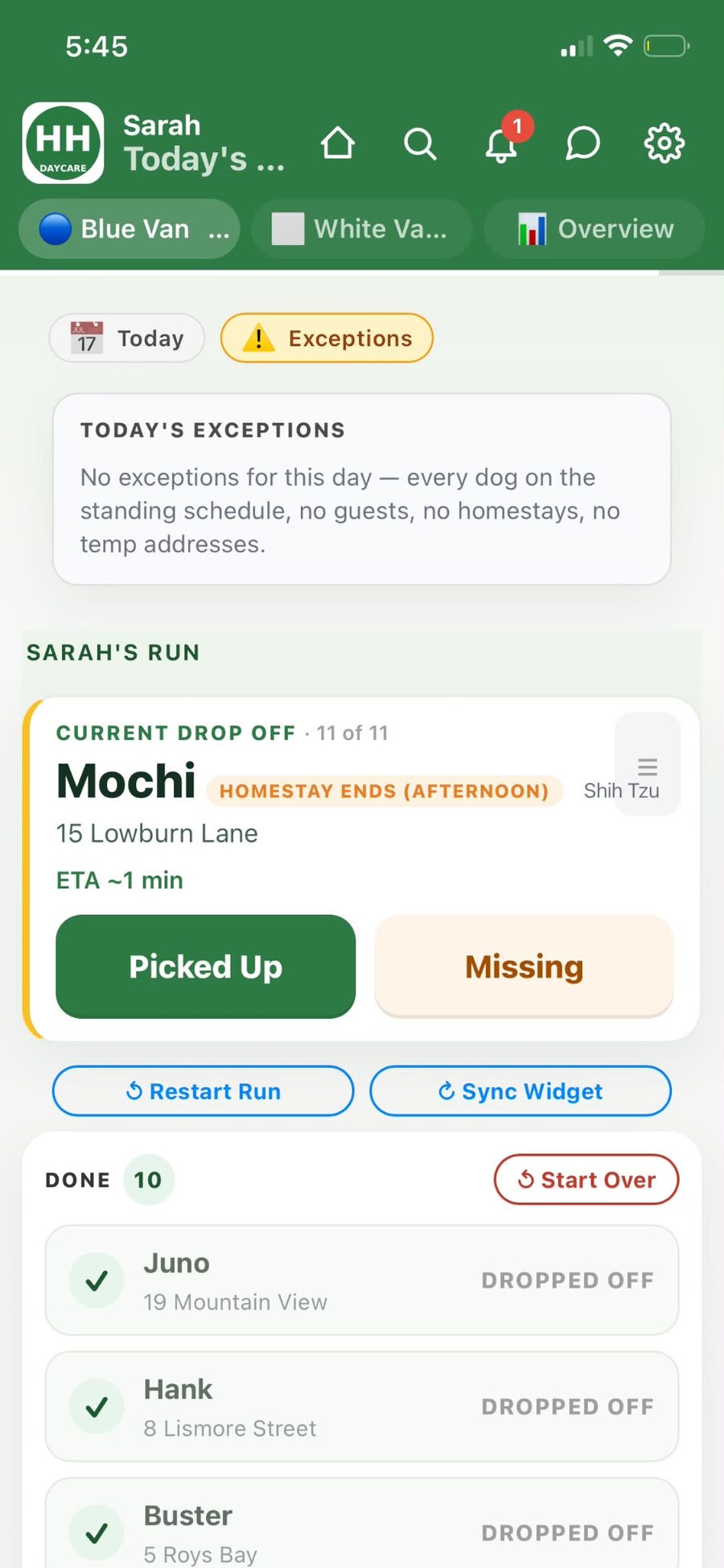Driver run sheet with HOMESTAY ENDS tag