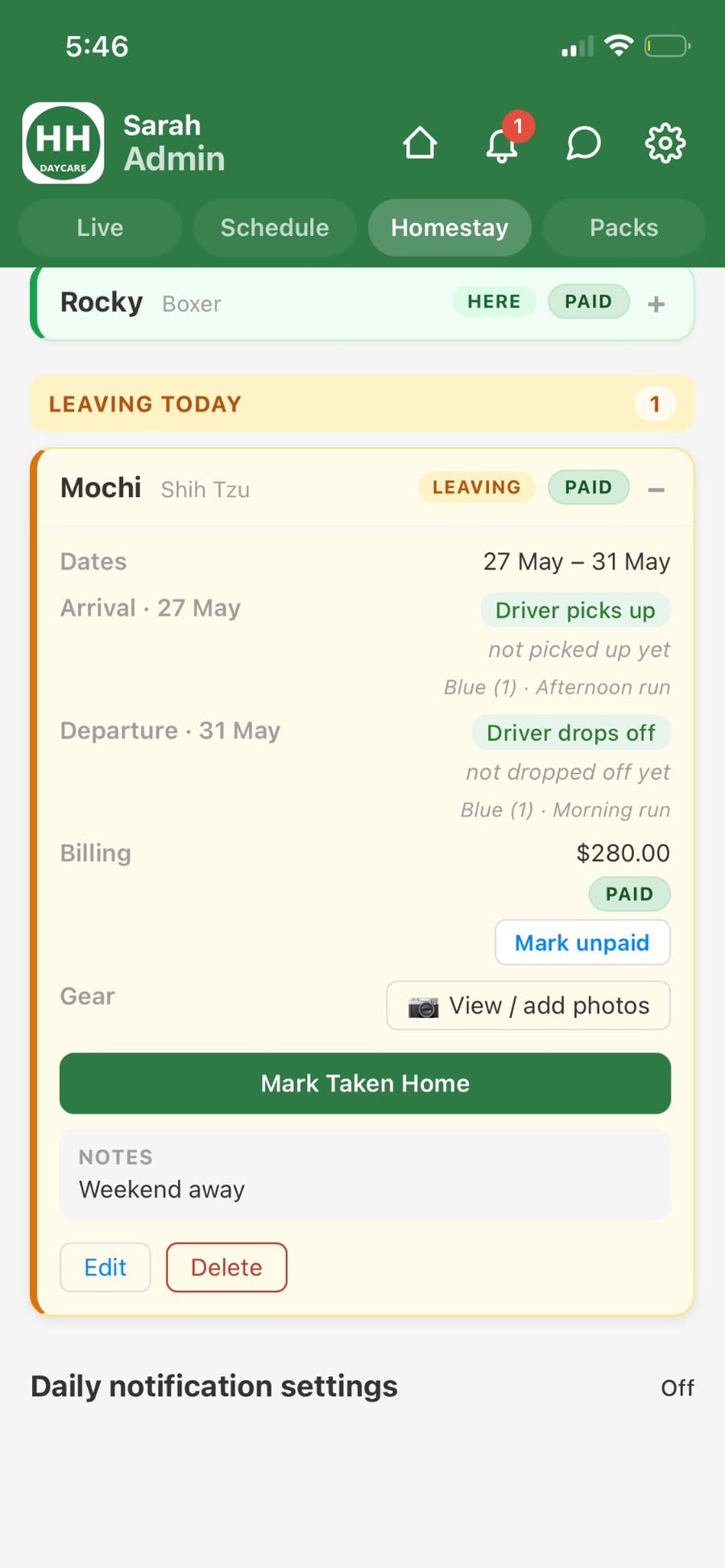 Expanded homestay card: dates, logistics, billing, gear photos, notes