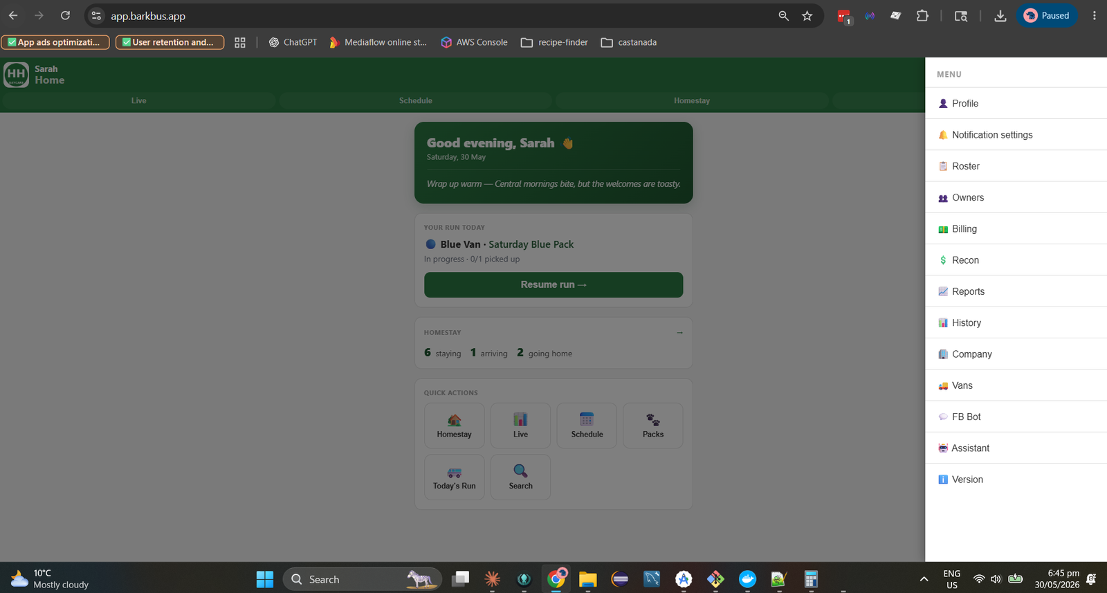Admin home screen with onboarding checklist and run summary