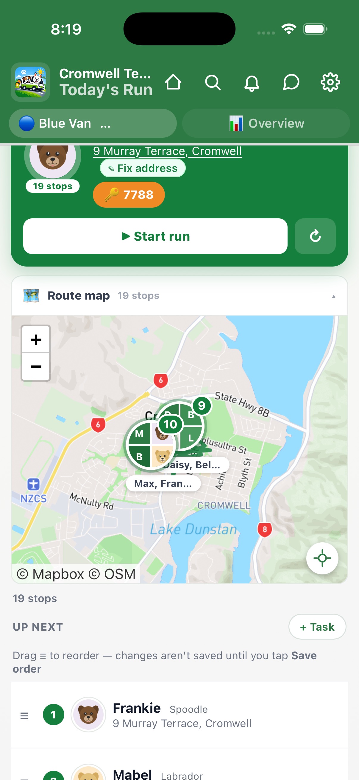 Run map view with dog photo pins and route line