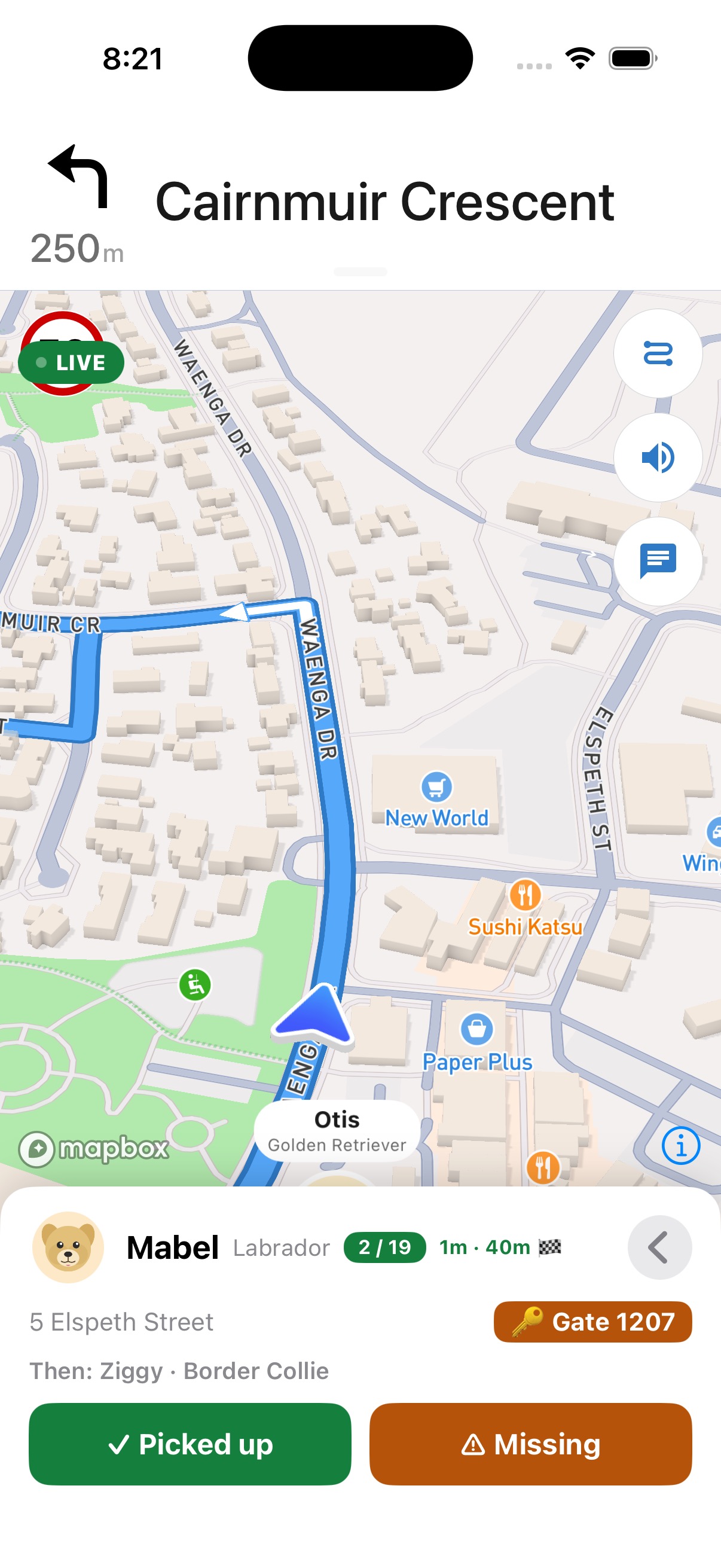 Turn-by-turn navigation with dog photo pins and the current stop card