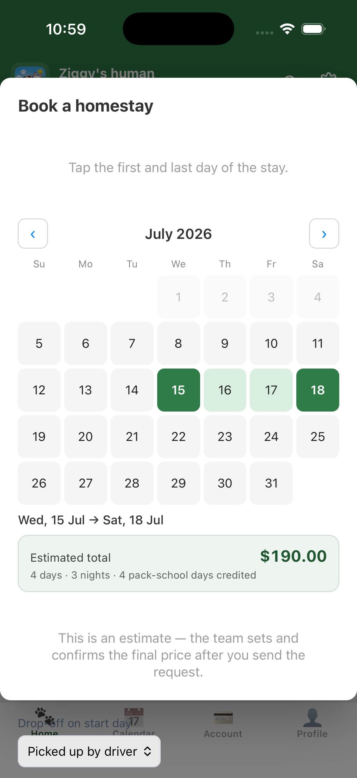 Owner seeing the price breakdown for a homestay with Confirm button