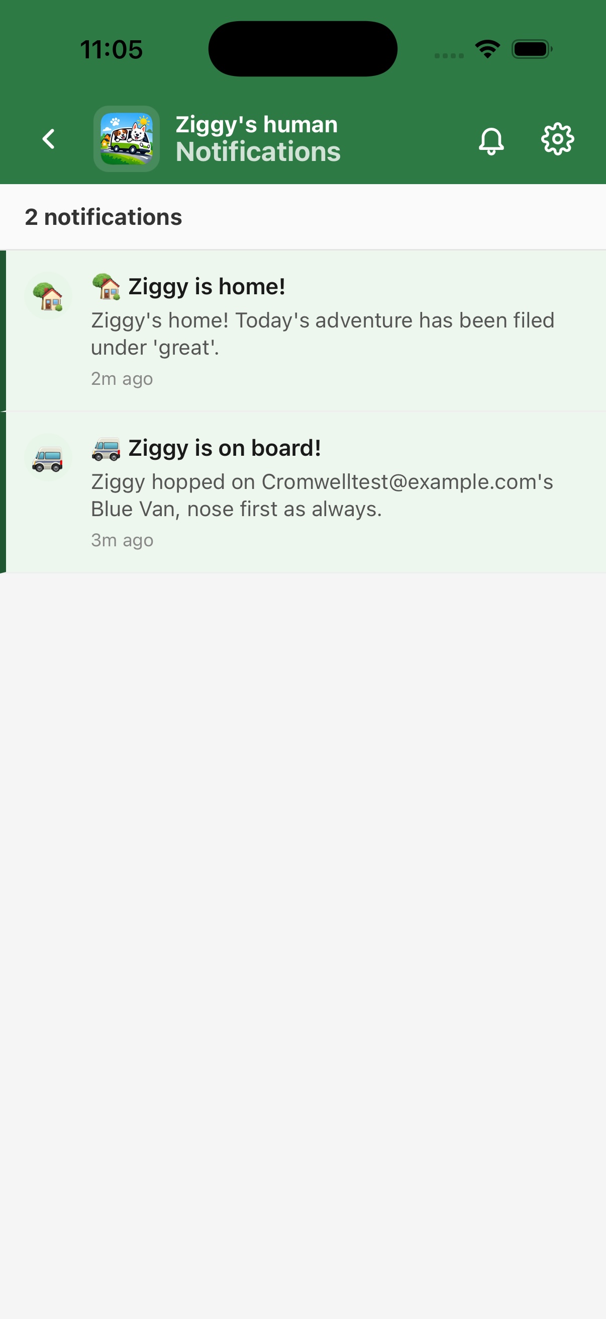 Owner notification centre with pickup and dropoff history