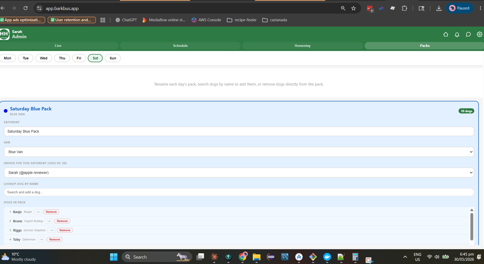 Pack editor: named packs with dogs, handler, and van assignment