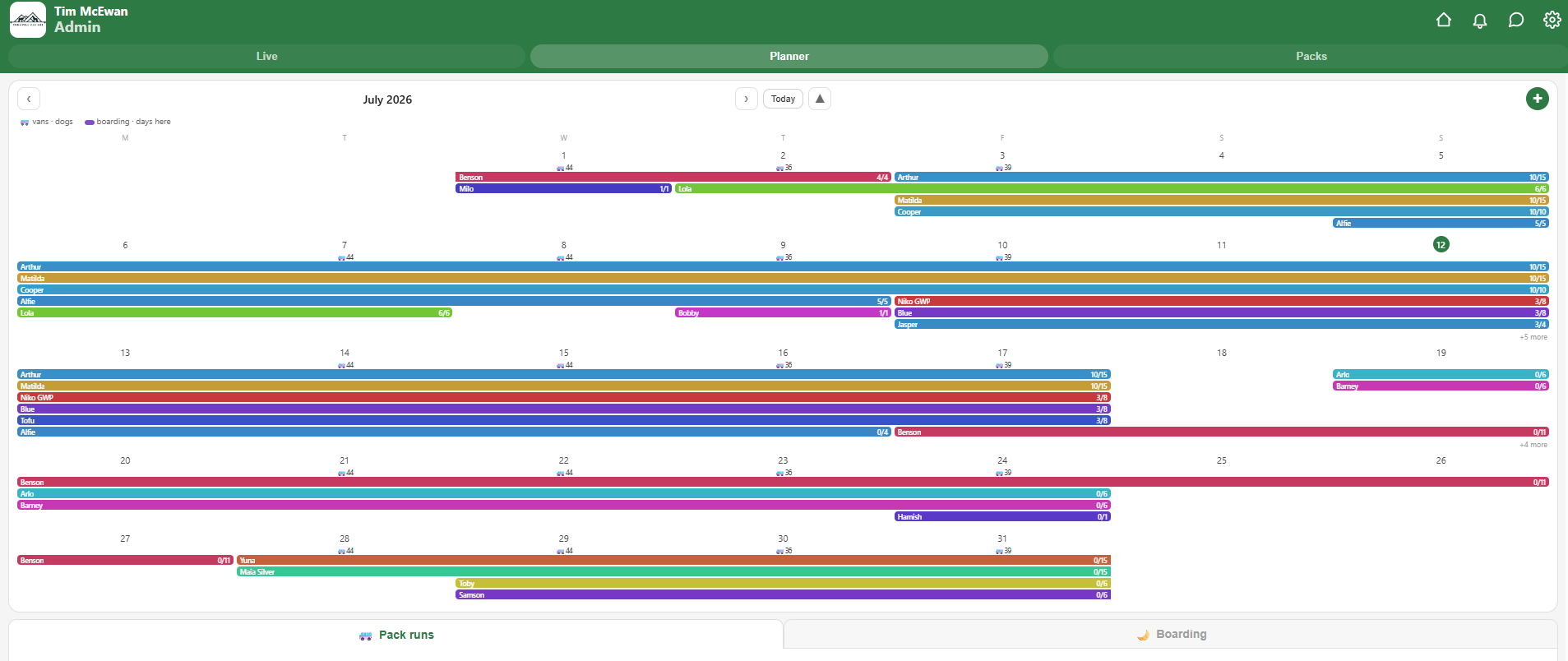 The planner — a month of van days and homestays on one calendar